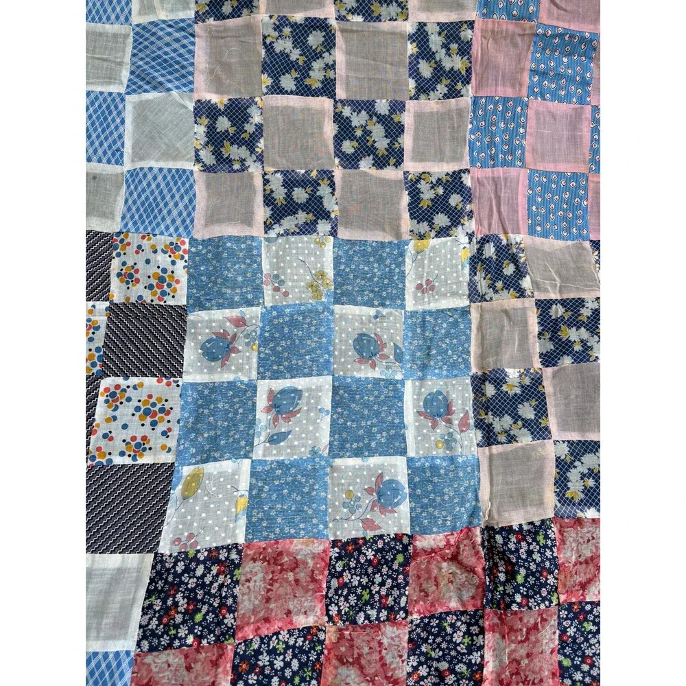 Vintage Handmade Checkerboard Patchwork Quilt Top Cottage Farmhouse Bedding